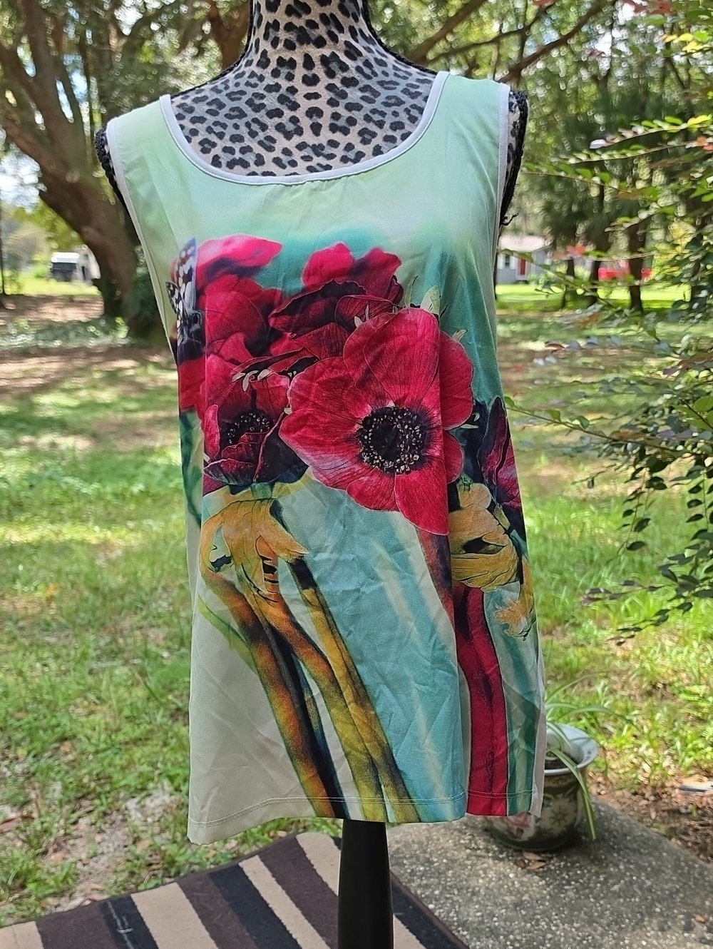 Floral Scoop Neck Tank Top in Mint Green with Red Blooms From India